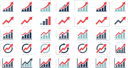 Fototapeta premium Corporate Revenue Growth Chart Vector Icon Set Featuring Upward Red Trend Arrows and Rising Bar Graphs for Financial Performance Statistics Reports