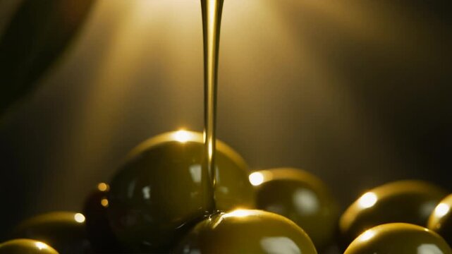 Olive oil being poured over a pile of olives in a warm golden light.