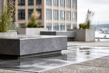 Obraz premium A modern apartment rooftop zen garden alongside subtle reflections and realistic wet surfaces, low-angle view after rain.