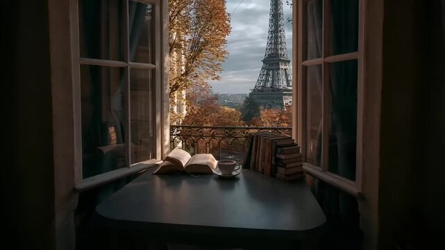 Paris, France, Europe. A vivid portrayal of a serene Parisian setting, captured from a window overlooking the Eiffel Tower. The scene is bathed in warm, golden light from the setting sun.