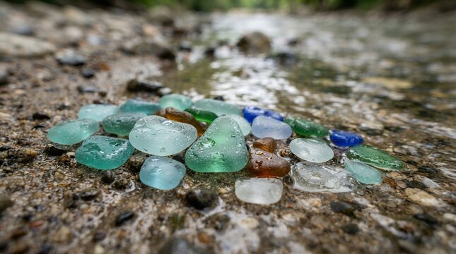 Pile of colorful sea glass pieces scattered on a rocky shore with blurred background.