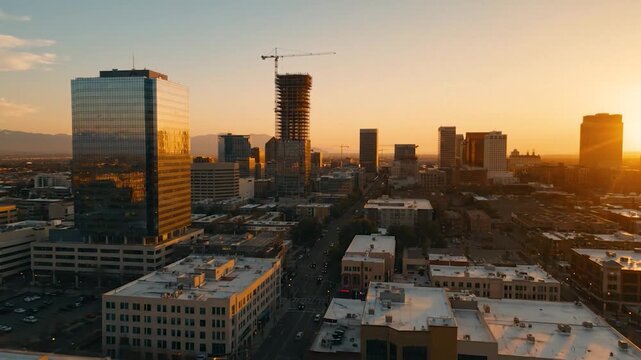 Aerial view of downtown salt lake city utah skyline during beautiful vibrant golden sunset.