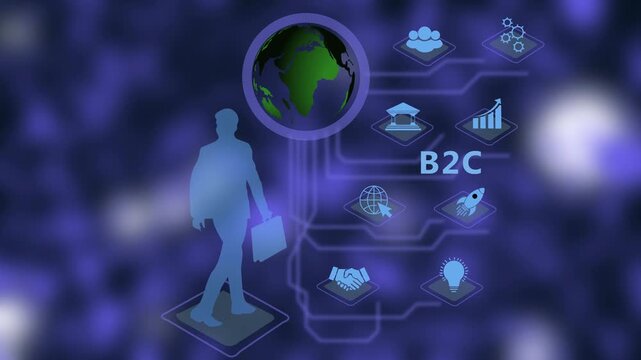 Digital b2 c business strategy concept featuring animated businessman silhouette walking towards global brain network connectivity and corporate growth for modern marketing and technology