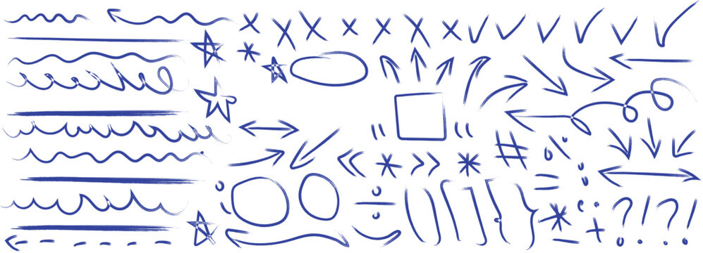 Blue ink pen doodle set for notepad note taking, office presentation, and graphic design layout. Hand drawn sketchy line dividers, arrows, crosses, tick marks, and math symbol vector elements on white
