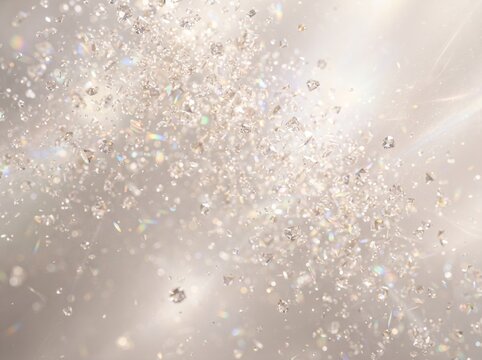 A mesmerizing shower of luminous crystal particles glistening with radiant light against an ethereal, soft background, creating a dreamlike, sparkling abstract composition