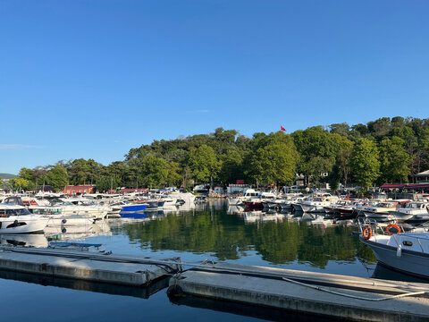 Boats moored in Istinye Marina (Istinye Boat Park) at Sariyer District in Istanbul, Turkey. It's located on the European side of the Istanbul Bosphorus.