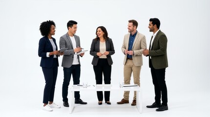Obraz premium Diverse group of business professionals standing around a white table in a studio environment. Multi-ethnic team engaged in conversation, collaboration, and corporate networking.