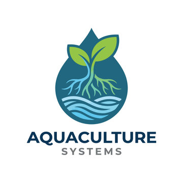 The image illustrates a logo for aquaculture systems, symbolizing sustainable farming practices with water, plants, and roots promoting ecological balance and innovation.