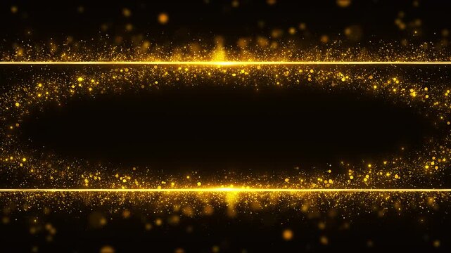 Golden glitter particles create a rectangular border around deep black copy space. Ideal for celebration title, award ceremonies, luxury promos, holiday greetings, wedding videos, and elegant openers.