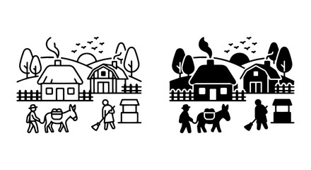 Obraz premium Rustic Village Scene, Rural Landscape Icons, Countryside Life Vector Set, Farmhouse Elements