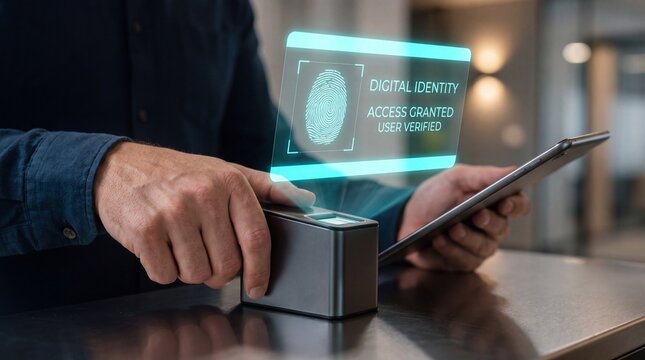 Hands using biometric fingerprint scanner for digital identity verification and access granted