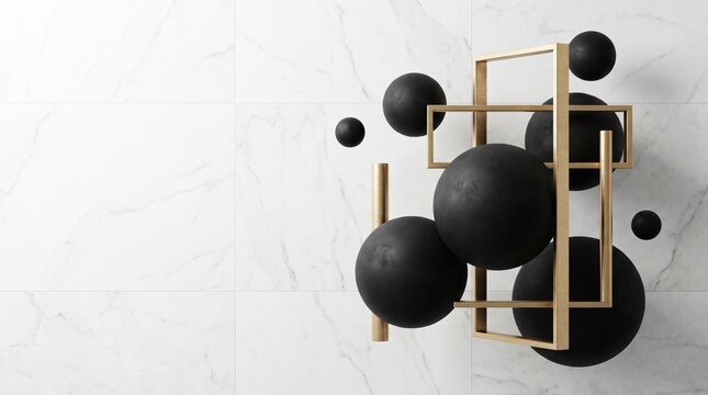 Modern abstract 3D composition with matte black spheres and golden brass geometric rectangular frames floating against a luxurious white marble tile wall background