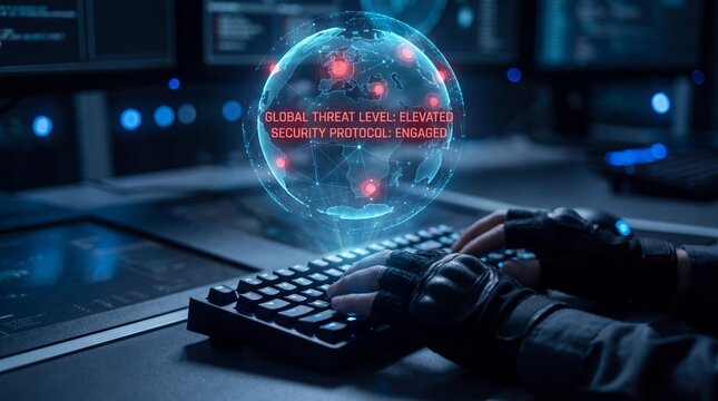 Cybersecurity analyst hands operating global threat detection system with elevated alert status