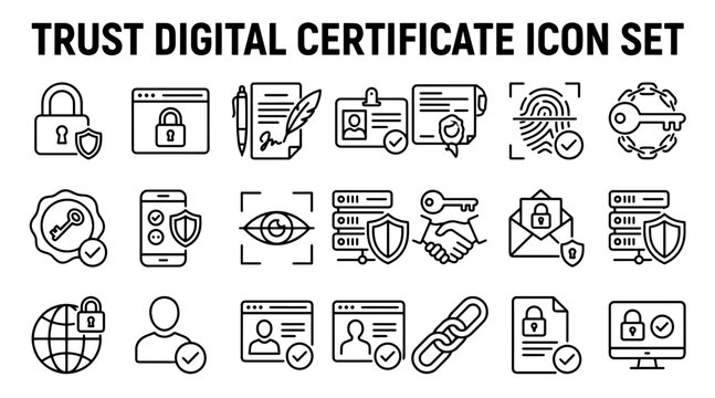Digital security and trust certificate icons. Cyber safety and data protection vector set.