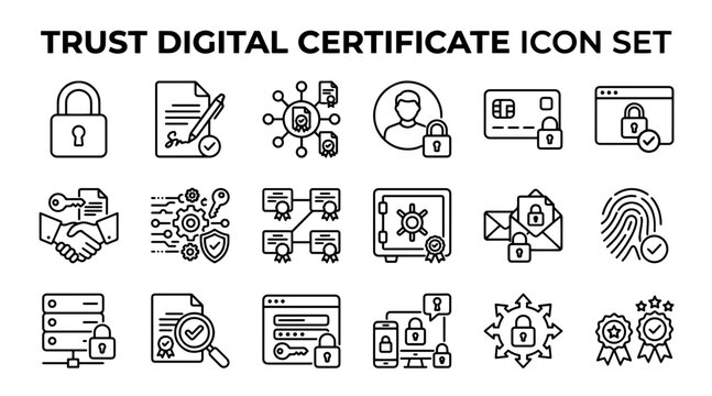 Digital certificate and cybersecurity icons. Trust and data protection vector symbol set.