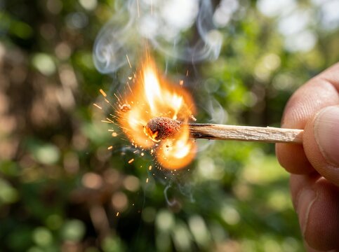 Close up of a hand holding a burning matchstick with sparks flying and smoke rising outdoors.