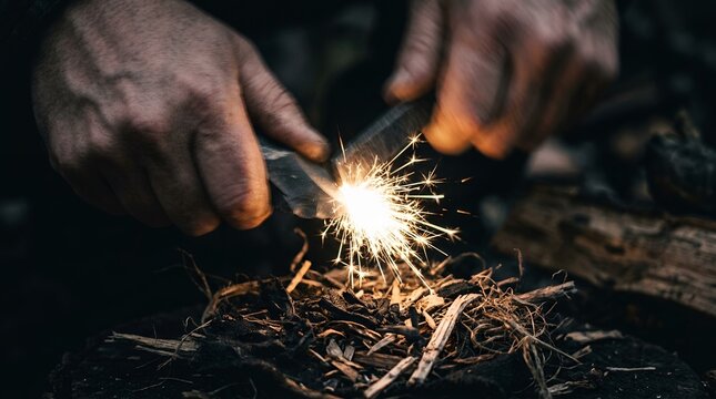 Close up of hands striking a ferro rod to create sparks for fire starting outdoors.