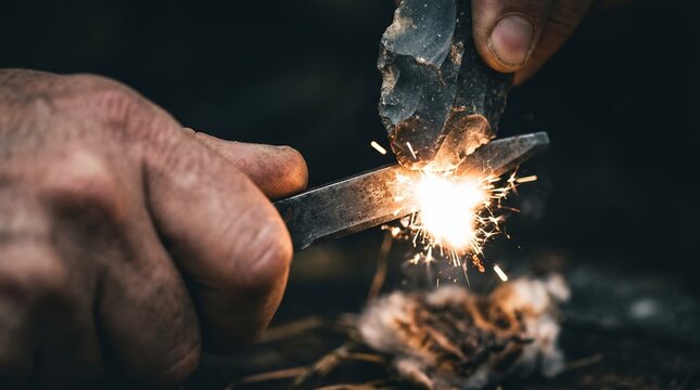 Close up of hands striking a flint and steel to create sparks for fire starting.
