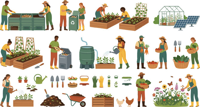 Sustainable urban gardening vector illustration set with diverse people composting recycling planting crops and utilizing solar powered green living greenhouses