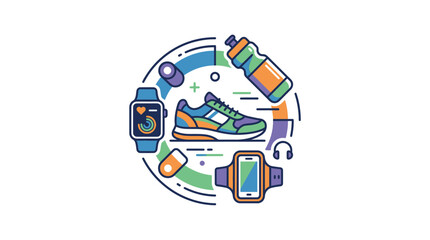 Fototapeta premium Flat linear vector illustration of fitness and workout lifestyle accessories.