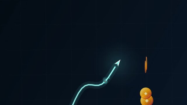 Animation of a glowing upward trending line graph with golden cryptocurrency coins appearing alongside the ascending path indicating a crypto market boom on a dark grid