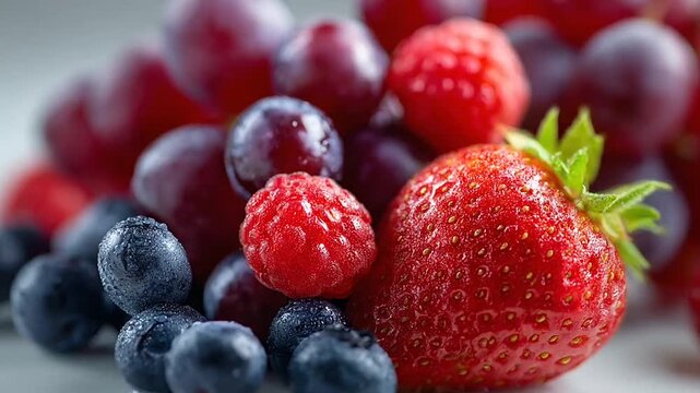 Fresh blueberries raspberries and strawberries macro close up.
