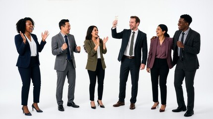 Obraz premium Diverse Business Team Celebrating Success with Champagne Toast on Plain White Background