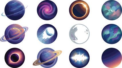 Space Planet and Celestial Body Vector Icon Set Featuring Saturn Rings, Galaxies, Black Holes, Eclipses, and Moon Spheres for Sci-Fi Designs © AdhinChandra