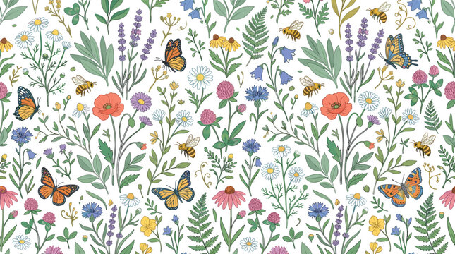 Seamless Wildflower Meadow Vector Pattern with Colorful Spring Blossoms Poppies Chamomile Butterflies and Honey Bees for Festive Background Fabric Designs