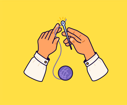 Hands crocheting with a crochet hook and purple yarn in a cute hand drawn vector style. Great for knitting, crochet, handmade, crafting, DIY, and hobby concepts vector illustration cartoon