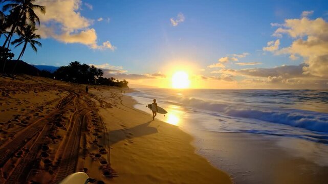 Surfer walks along sandy beach at sunrise ocean waves crash golden sun shines.