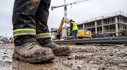 Fototapeta premium Muddy safety work boots of construction worker standing on muddy ground with excavator and building under construction background
