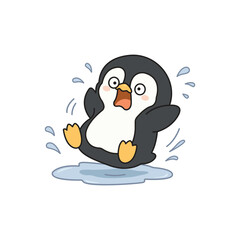 Cute penguin slipped on water floor cartoon vector illustration