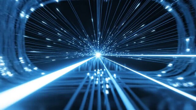 Light trails travel through a dark digital tunnel to represent the rapid speed of information transfer and the complex connectivity found within modern high speed fiber optic communication networks.