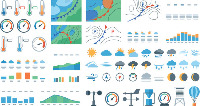 Weather Forecast Infographics and Meteorological Elements Vector Set Featuring Charts Maps Gauges Thermometers and Climate Icons for Scientific Reports and Digital Interfaces