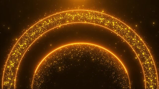 Glowing gold particle arches sweep across amber scene, forming layered circular bands with sparkling depth. Suitable for luxury titles, award videos, festive promos, wedding edits, and event openers.