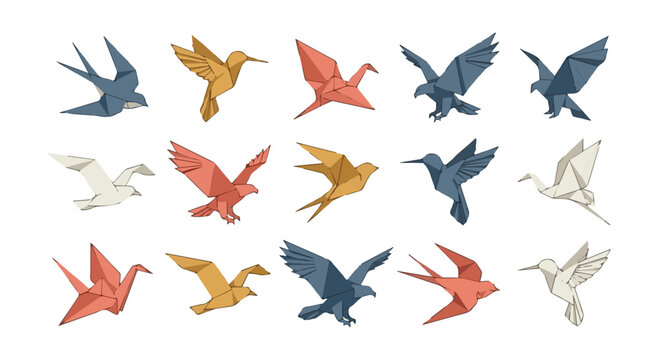 Colorful origami birds in various shades flying in a pattern on a transparent background