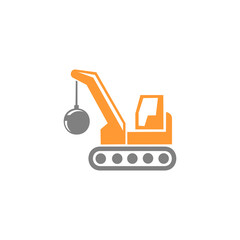 Naklejka premium An orange and grey vector icon depicting a tracked demolition crane equipped with a heavy wrecking ball, set against a plain white background.
