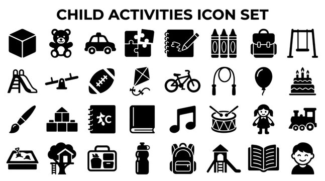 Child activities icon set. Vector collection of kids toys, school supplies and playground.