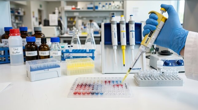 Scientist using a pipette to transfer liquid into a multi-well plate in a modern laboratory