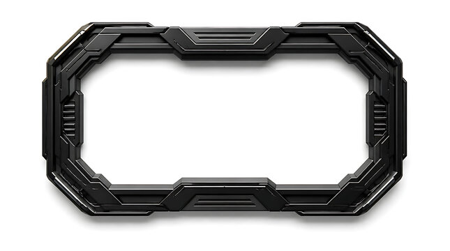 A sleek black futuristic rectangular frame with mechanical industrial design elements.