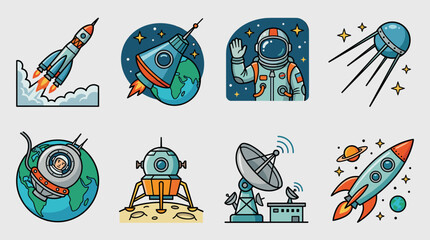 Set of 9 Retro Space Icons in Flat Design Style: Rocket Launch, Astronaut Waving, Satellite, Lunar Lander, Earth Orbiting Spacecraft, and More, Vector Illustration © Ari