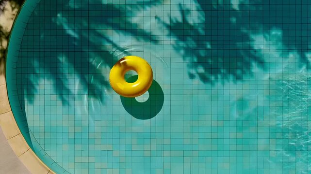 Summer hot vibe lifestyle. A topdown view of a swimming pool reveals a bright yellow inflatable ring floating in the clear blue water. The pool has a mosaic of light blue tiles.