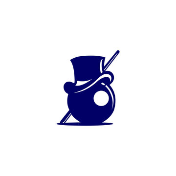 A blue vector icon depicting a billiards eight ball wearing a top hat and crossed with a cue stick, set against a plain white background.