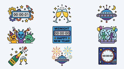 New Year's Eve Celebration Icons: Countdown Clocks, Aliens, Champagne, UFOs, Fireworks, Rocket, and Moon, Flat Design Vector Graphics © Ari