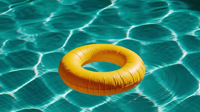 Summer hot vibe lifestyle. A vivid, closeup shot of a swimming pool. The water is a clear turquoise with ripples that create a mosaic pattern. A bright yellow inflatable ring floats in the water.