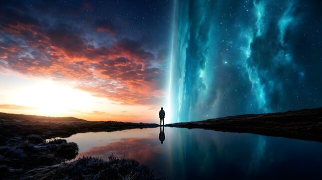Silhouette of Man Standing at the Edge of Universe and Dramatic Sunset