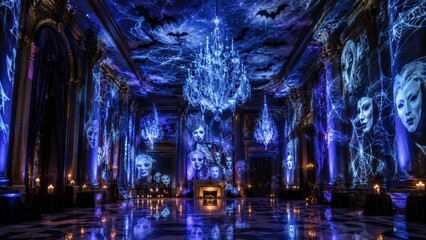 Fototapeta premium grand hall illuminated in blue light with floating masks, chandeliers, and eerie decorations, creating a mysterious and surreal atmosphere.
