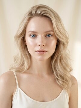 Portrait of a beautiful blonde woman with perfect glowing skin and blue eyes