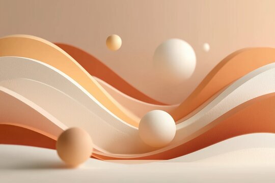 Abstract 3D Composition of Layered Terracotta and Cream Waves with Floating Spheres